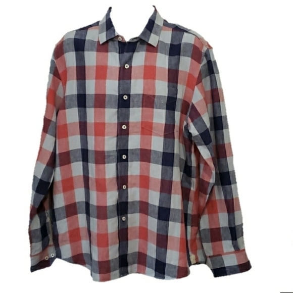 𝅺Tommy Bahama Organic Preppy Plaid Lightweight Fall Linen Casual Shirt Men's - Picture 1 of 9